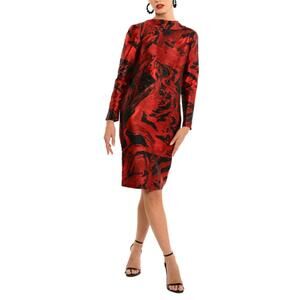 NEW CENIA metallic abstract back bow sheath dress in red black